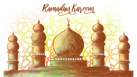 Beautiful mosque watercolor vector illustration with a Moroccan pattern background. Hand-drawn Islamic celebration background. Ramadan mosque paintingのイラスト素材