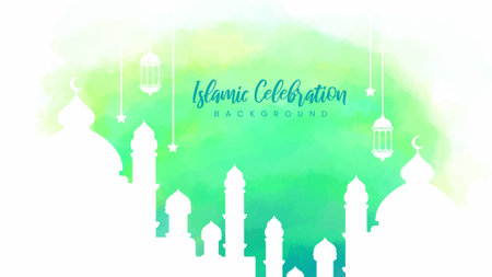 Beautiful mosque watercolor vector illustration with white mosque, lanterns, and stars. Hand-drawn Islamic celebration background. Ramadan mosque paintingのイラスト素材