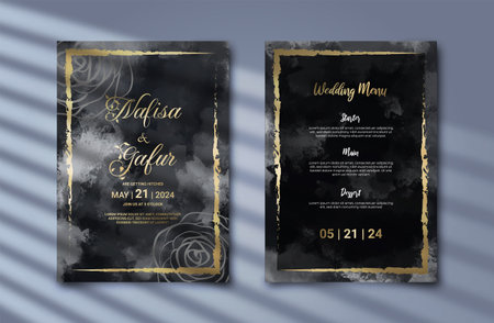 Luxurious wedding invitation with gold floral decoration and abstract black background. Aesthetic invitation template with beautiful decorationのイラスト素材