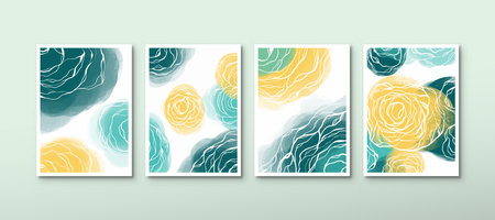 Set of aesthetic roses watercolor posters with yellow and green colors for wall decoration. Modern abstract hand-drawn backgroundのイラスト素材