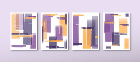 Set of aesthetic watercolor posters with orange and purple colors for wall decoration. Modern abstract hand-drawn backgroundのイラスト素材