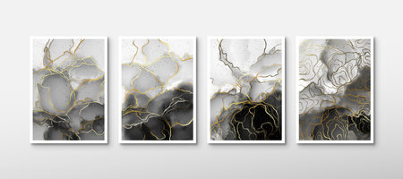 Black and white alcohol ink watercolor background with golden liquid. Set of aesthetic watercolor posters for wall decoration. Modern abstract hand-drawn background.のイラスト素材