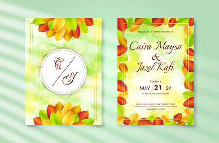 Beautiful wedding invitation with realistic leaves wreath. Aesthetic invitation template with beautiful decorationのイラスト素材