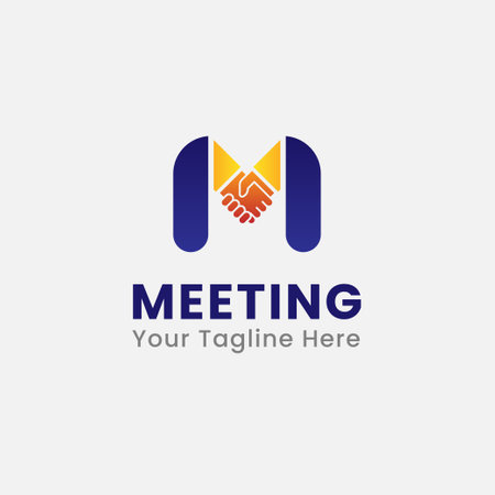 Handshake logo forming letter M in blue and yellow colors. Creative meeting logo for business. Abstract symbol of the initial M for connecting with peopleのイラスト素材