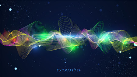 Colorful glowing spectrum with glitter particles in the dark blue background. Beautiful gradient wavy lines wallpaperのイラスト素材