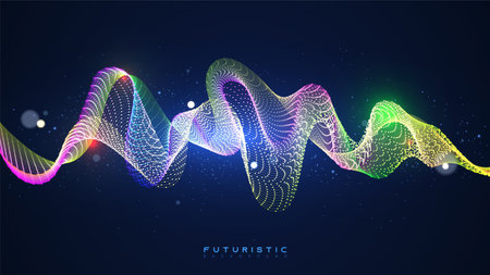 Colorful sound equalizer waves with glowing particles in a dark background. Glow gradient neon lines. Beautiful digital spectrum conceptのイラスト素材