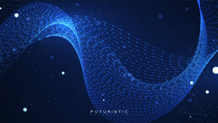 Abstract wave lines background. Beautiful fractal lines wallpaper with glowing glitters. Creative digital spectrum concept in the blue gradient backgroundのイラスト素材