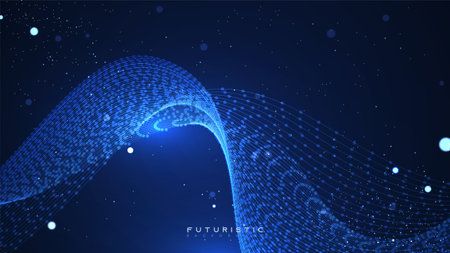 Abstract blue wave lines technology background. Futuristic digital spectrum with glowing particles. Beautiful digital network illustration in the dark blue backgroundのイラスト素材