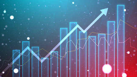 Business growth illustration with the bar chart static and up arrow. Successful financial graphic on blue background. Stock market growth in futuristic technology style.のイラスト素材