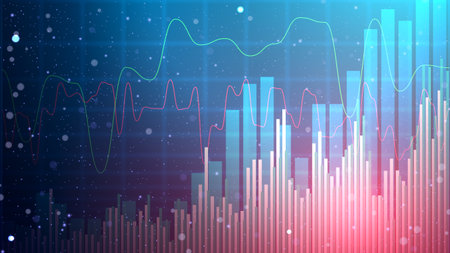 Futuristic bar chart wallpaper with red and green trend lines. Stock market digital display. Glowing financial static data illustration.のイラスト素材