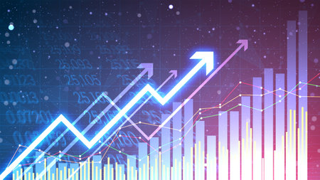 Business growth background with the bar chart static and up arrow. Graphic of successful financial development on blue gradient background. Stock market growth in futuristic technology style.のイラスト素材