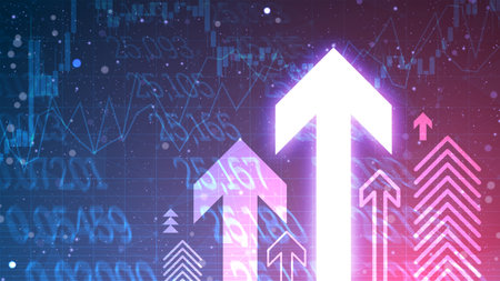 Glowing arrows for business growth concept in futuristic technology style. Successful financial development on blue gradient background. Digital cyber wallpaper for the stock market sourcesのイラスト素材