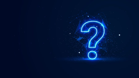 Futuristic glowing question mark with plexus lines and glitter particles. A question mark in the neon light style. 3D abstract copy space in the night view. Digital technology backgroundのイラスト素材