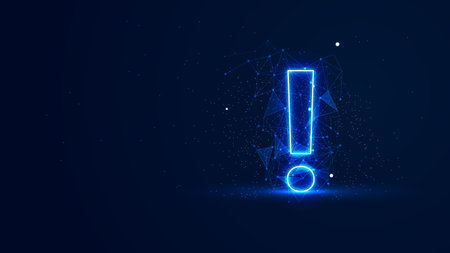 Futuristic glowing exclamation mark with plexus lines and glitter particles. An exclamation mark in the neon light style. 3D abstract copy space in the night concept. Digital technology backgroundのイラスト素材