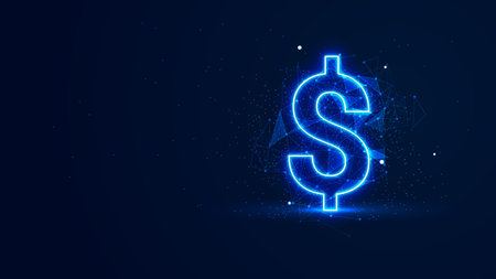 Futuristic glowing dollar sign with plexus lines and glitter particles. A dollar symbol in the neon light style. 3D abstract copy space in the night concept. Digital technology backgroundのイラスト素材