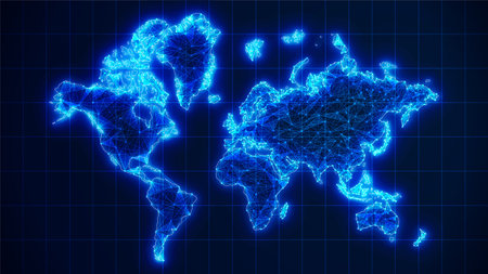 Futuristic glowing world map network connection. 3D blue earth map background with plexus lines. Digital network for business concept. Big data stream technology, world data analytics backgroundの素材