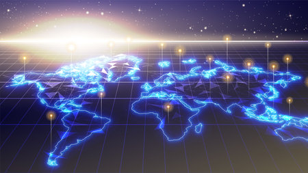 Futuristic glowing world map network connection. Blue earth map hologram display with a straight pin. Digital neural network concept, 3D big data stream technology, world data analytics backgroundの素材