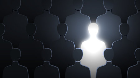A glowing human is standing in the crowd. A different concept of mindset, innovation, leadership, and creative ideasのイラスト素材