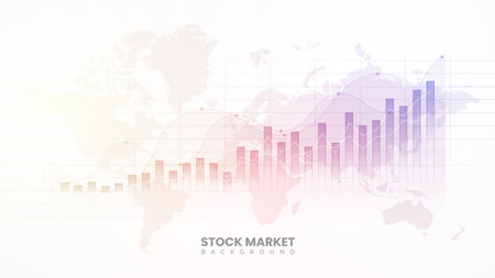 Stock market investment graph, global market information, financial bar chart, and yield curve display. Business analytics background concept on white background. Trading visualization in colorfulのイラスト素材