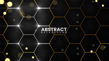 Futuristic and luxurious hexagonal background with particles and glowing light. Abstract technology design on a dark polygonal backgroundのイラスト素材