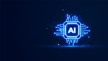 Futuristic artificial intelligence concept in the neon light style. Digital technology background. Glowing AI chipset processor with plexus lines and glitter particles.のイラスト素材