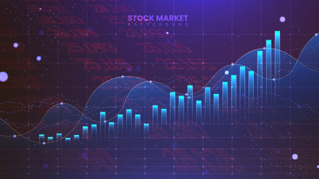 The stock market graph is in gold color for business investment illustration. Futuristic financial trading chart. Economic information growth backgroundのイラスト素材
