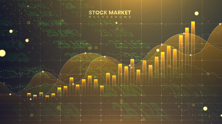The stock market graph is in gold color for business investment illustration. Futuristic financial trading chart. Economic information growth backgroundのイラスト素材