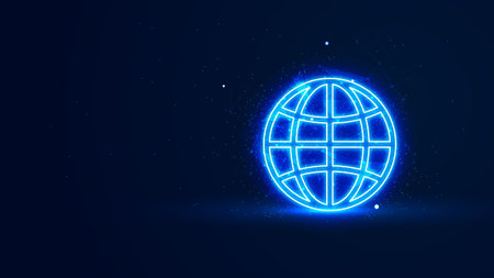 Futuristic glowing earth globe with plexus lines and glitter particles. The globe in the neon light style. 3D abstract copy space in the night concept. Digital technology backgroundのイラスト素材