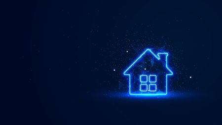 A futuristic glowing home symbol with plexus lines and glitter particles. A home symbol in the neon light style. Property investment illustration. Digital home buying and selling conceptのイラスト素材