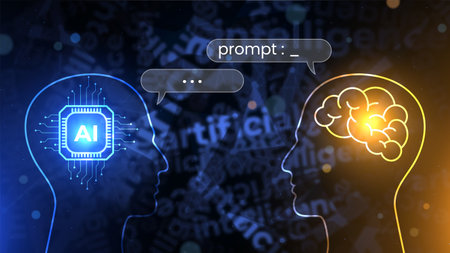 Conceptual illustration of a human interacting with an AI robot with the speech bubble. AI processor vs human brain talking about the prompt. Machine learning concept. Futuristic technology backgroundのイラスト素材