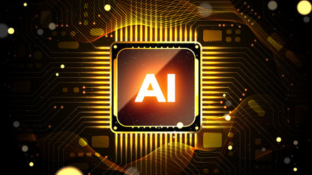 Glowing AI chipset processor and circuits. Futuristic artificial intelligence CPU with motherboard. Digital technology illustration conceptsのイラスト素材