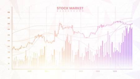 Financial bar chart, yield curves, candlestick chart, bond data, and upward-sloping graph on a white background. Improved business information and finance growth data. Stock market wallpaperのイラスト素材