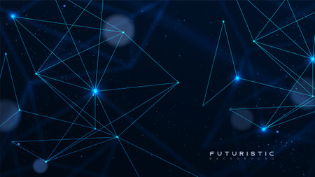 Dark background with plexus lines. Abstract tech network connection dots. Futuristic scientific wallpaper with mesh. Digital technology and big data analysis illustrationのイラスト素材