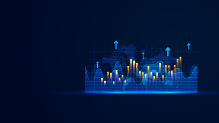 Stock market growth in futuristic technology style. Business growth wallpaper with the glowing bar chart static and up arrow. Graphic of successful financial development on the dark backgroundのイラスト素材