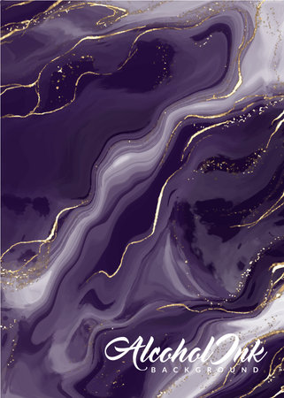 Alcohol ink watercolor background. Aesthetic dark purple marble painting with glitters and golden liquid. Beautiful abstract hand-drawn suitable for wedding invitation backgroundsのイラスト素材