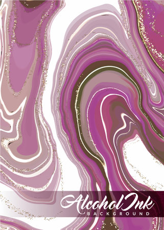 Alcohol ink watercolor background. Aesthetic magenta marble painting with glitters and golden liquid. Beautiful abstract hand-drawn suitable for wedding invitation backgroundsのイラスト素材