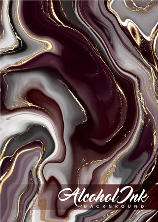 Alcohol ink watercolor background. Aesthetic dark red marble painting with glitters and golden liquid. Beautiful abstract hand-drawn suitable for wedding invitation backgroundsのイラスト素材