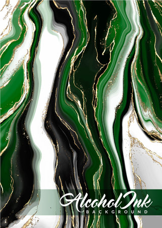 Alcohol ink watercolor background. Aesthetic dark green marble painting with glitters and golden liquid. Beautiful abstract hand-drawn suitable for wedding invitation backgroundsのイラスト素材