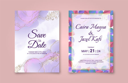 Beautiful wedding invitation card with abstract watercolor background, golden line art, and leaves. Luxury pink and purple marble backgroundのイラスト素材