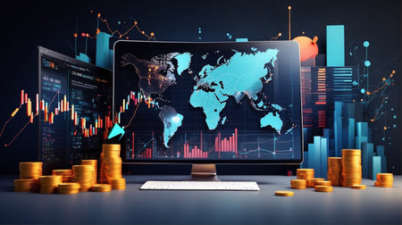 Stock market investment chart with monitor. Economic information growth background. A computer screen that displays world business developments. AI Generatedの素材