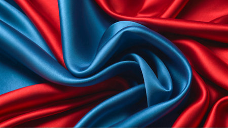 Blue and red silk satin fabric background. Highly detailed and wavy two-tone fabric texture. AI-Generatedの素材