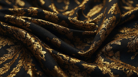 Black silk satin fabric background with elegant gold victorian embroidery. Highly detailed and wavy luxurious lace texture. AI-Generatedの素材