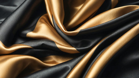 Elegant black and gold silk satin fabric background. Highly detailed and wavy two-tone fabric texture. AI-Generatedの素材