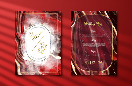 Luxury wedding invitation card with dark red alcohol ink painting background. Abstract marble texture for marriage celeberation template. Engagement card mockupのイラスト素材