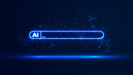 Futuristic AI prompt bar illustration. High-tech background concept. Glowing searching bar with plexus linesのイラスト素材