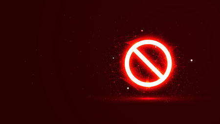 Red glowing no sign with plexus lines and glitter particles. A prohibition symbol in the neon light style. 3D abstract low poly copy space in the dark backgroundのイラスト素材