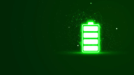 Fully charged battery illustration in the green neon light style. Futuristic glowing battery symbol with plexus lines and glitter particles. 3D abstract low poly copy space in the dark backgroundのイラスト素材