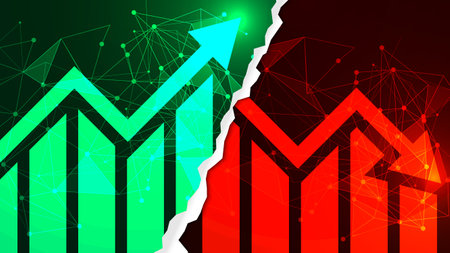 Stock market illustration. Comparison chart between bullish and bearish. Up and down trading concept with candlestick and arrow bar chartsのイラスト素材