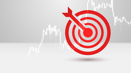 Illustration of target towards goal with precise red dart and stock market graph on white background. Symbol of success in business, leadership, teamwork, and plans to achieve goals.のイラスト素材