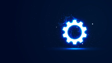 A futuristic glowing gear setting with plexus lines and glitter particles. Setup and maintenance illustration concept in the neon light style. Digital technology illustrationのイラスト素材